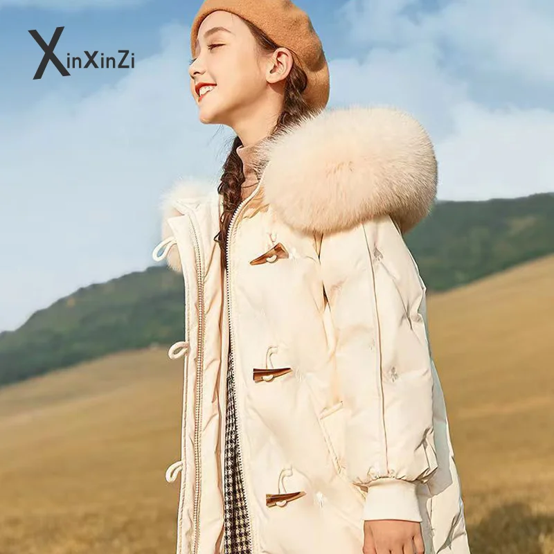 

Children Winter Coat Girls Thick Warm Down Fur Hooded Parkas 5-14 Years Kids Teenager Embroidery Midi-Length Zipper Outerwear
