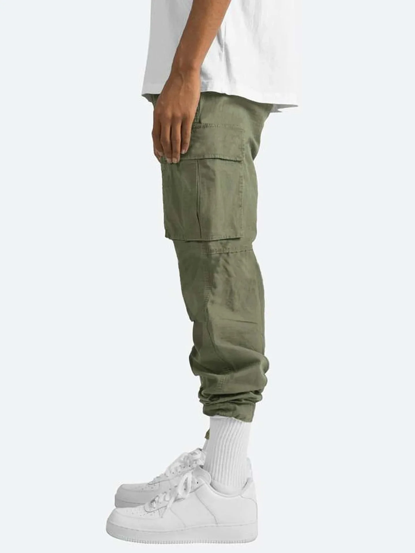 Description Picture 4 of item2024 Men's Cotton Loose Sports Trousers for Men Length Solid Color Loose Multi-pocket Drawstring Pockets Pants Male Cargo Pants