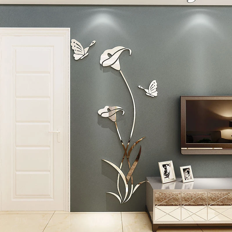 3DMirrorFlowerWallStickerLargeDIYButterflyLilyFlowerWall