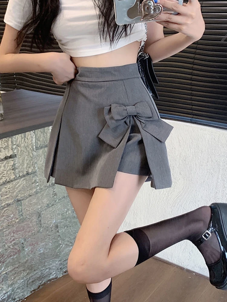 Zoki Cute Bow Women Sexy Pleated Skirt Janpan Sweet High Waist Student A Line Mini Skirt Summer Zipper Female Solid Color Skirt 1