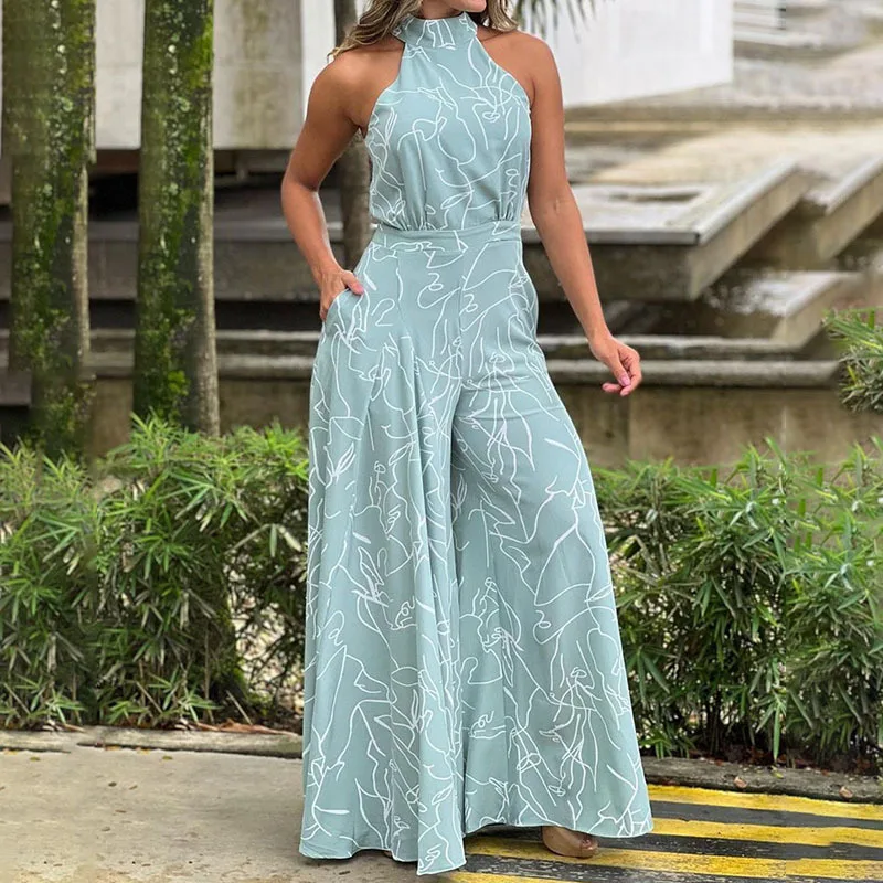 Women Autumn Jumpsuit Summer Halterneck Sleeveless Vintage Printed Streetwear Bodycon Office Lady Elegant Wide Leg Pants Romper
