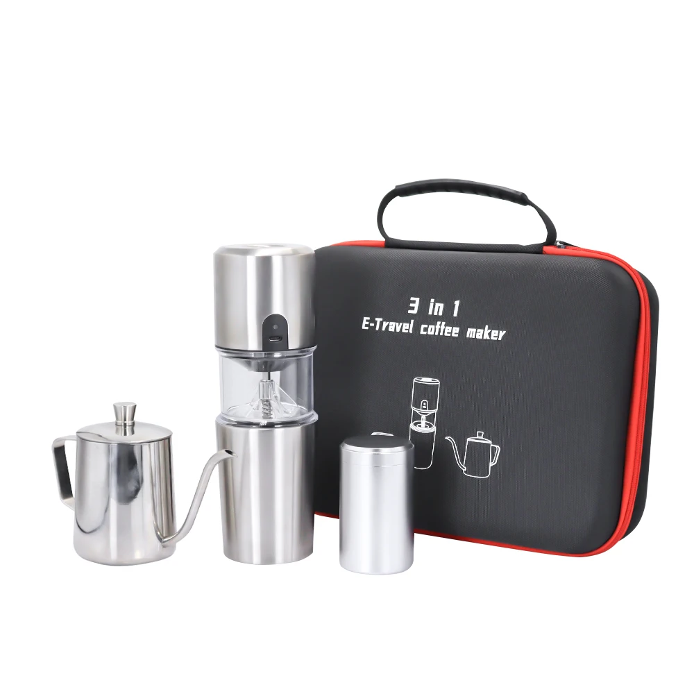 

3 in 1 E-grinder Pour Over Coffee Maker Set with Stainless Steel Electric Bean Grinder Steel kettle Storage Jar Packing Bag