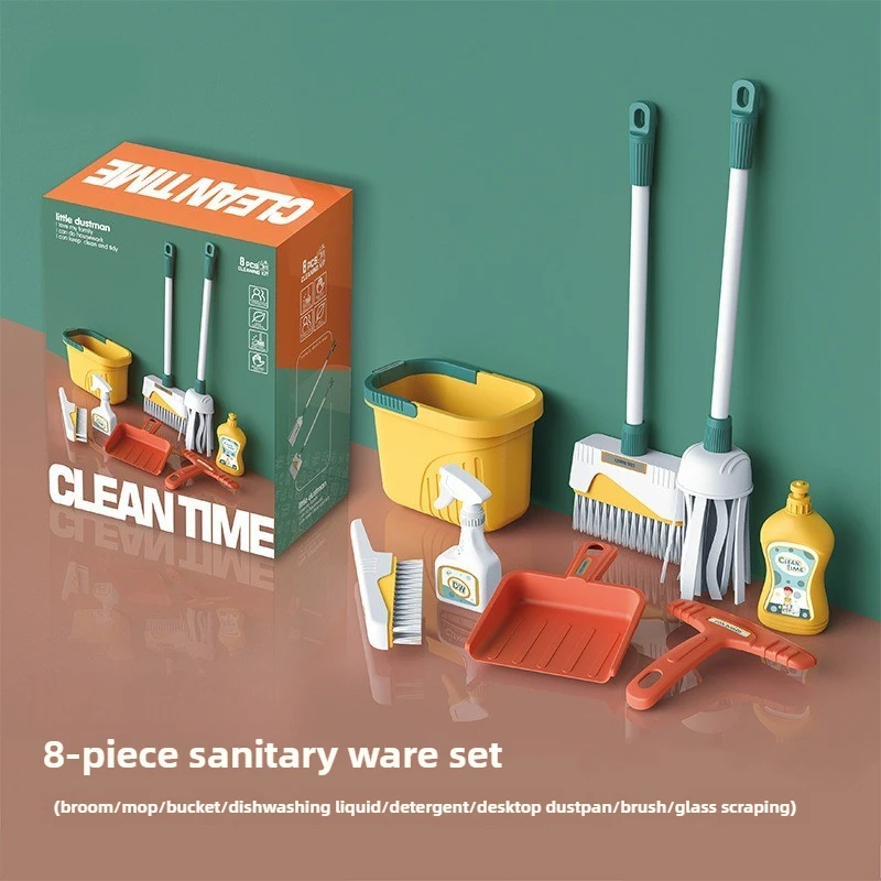 Kids Cleaning Set Housework Supplies Kit with Dustpan Broom Bucket Mop Cleaning Set Play House Toys for Boys & Girls 8PCS/Set