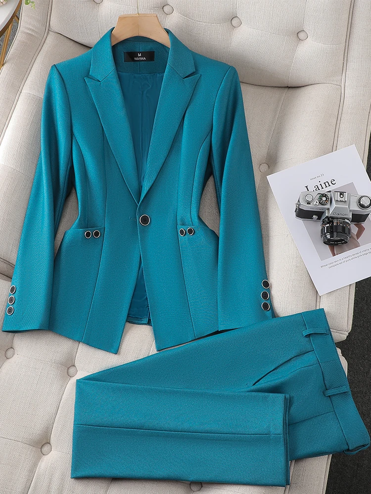 Ladies Blazer And Pant Suit Formal Green Purple Blue Black Solid Women