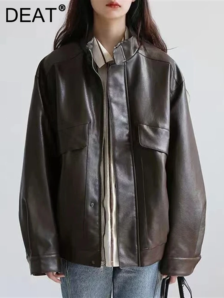 

DEAT Fashion Women's PU Leather Jackets Stand Collar Long Sleeves Zipper Loose Casual Lady Coats Winter 2023 New Tide 7AB1398
