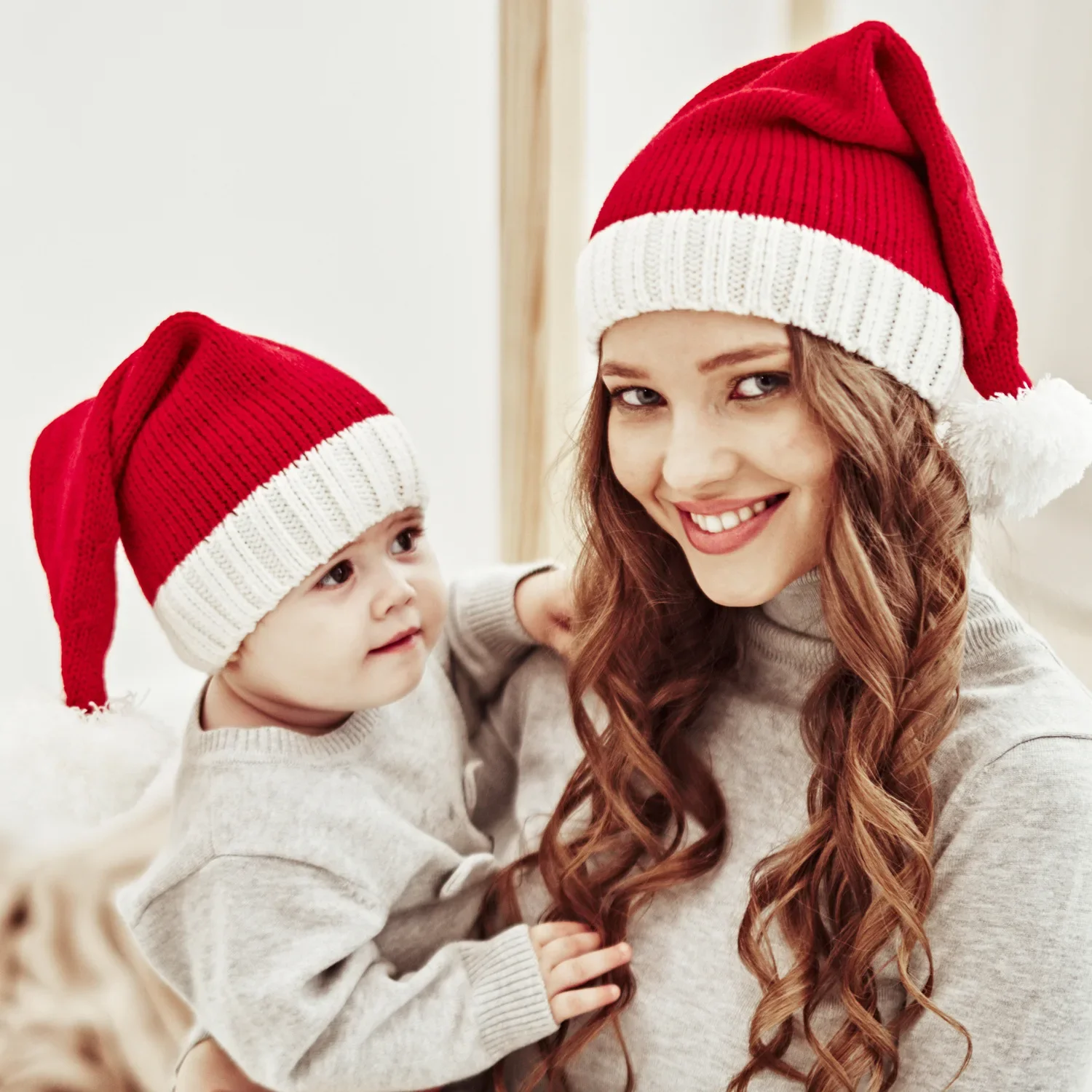 Description Picture 2 of item23Christmas Knitted Hat Cute Pom Pom Adult Kids Soft Beanie Santa Hat New Year Party Kids Gift Navidad Noel Xmas Decoration 2022