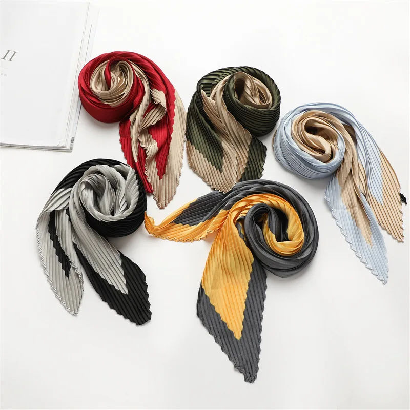 70*70cm Soft Neckerchief Two Color Splicing Decorative Headscarf Women's Hijab Scarves Crinkled  Pleated Silk Scarf Satin Hijab 3