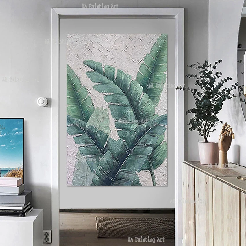 

Hotel Decor Luxury Canvas Art Large Plantain Leaves Texture Acrylic Painting Modern New Arrival Pure Handmade Wall Poster Set