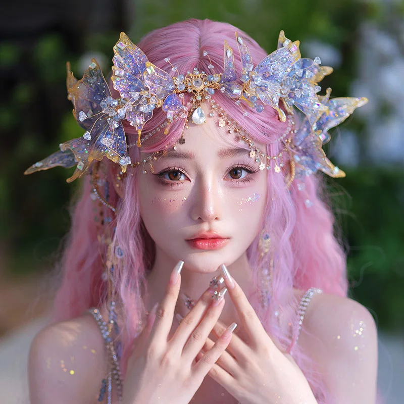 Exotic Mermaid Princess Hairband Crown Ancient Hanfu Bride Headdress Purple Green Red Fairy Tale Style Forehead Decoration