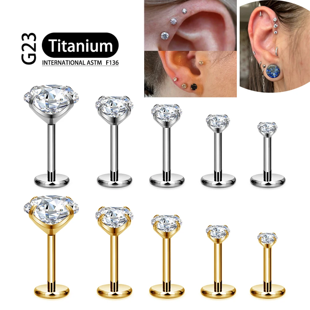 Piercing Jewelry ASTM F136 Titanium 2/2.5/3/4/5/6Mm Cz Labret Stud 16G Tragus Helix Kraakbeen Schelp Flatback Oorlel Piercing
