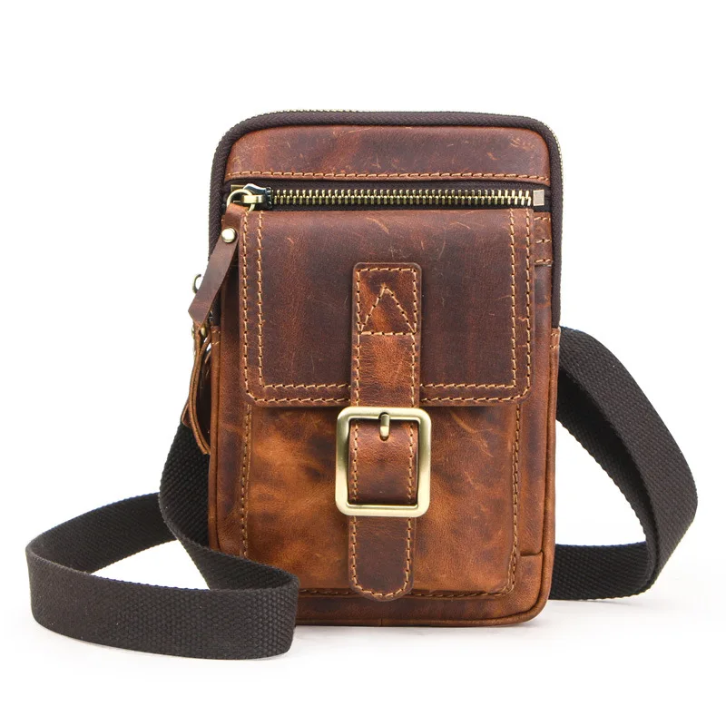 Vintage Crazy Horse Leather Fanny Waist Pack Men Genuine Leather Travel Belt Waist Bags Male Small Phone Pouch Loop Hip Bum Bag