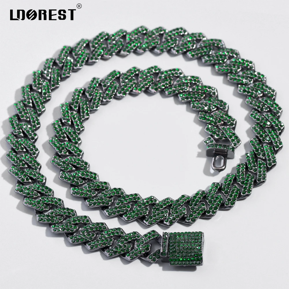 

Iced Out Bling Green Cuban Link Chain Necklace For Men Women 2 Row Rhinestones Gun Black Chain Rhombus Necklaces Punk Jewelry