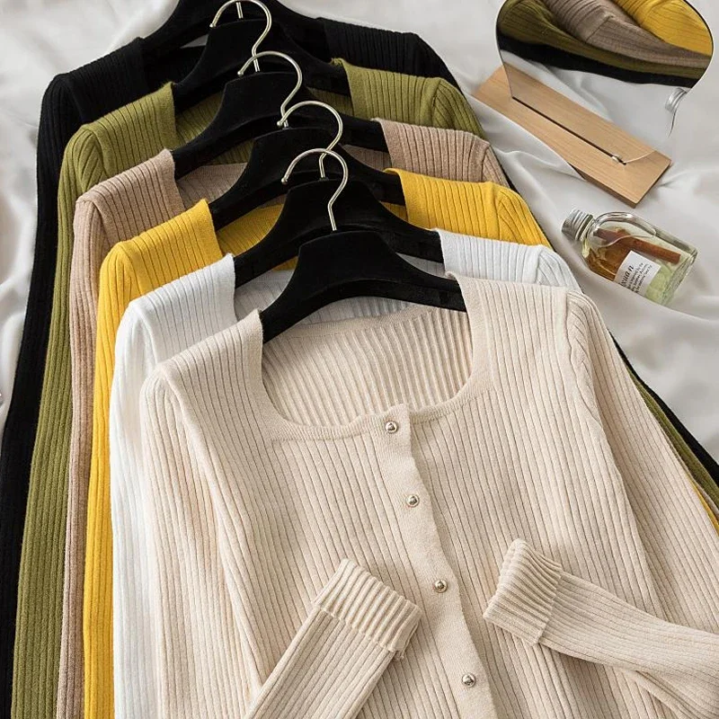 

Autumn and Winter Vintage Square Collar Cardigan Knitted Coats Long Sleeve Sweater Women 2024 Casual Buttons Clothing 22921