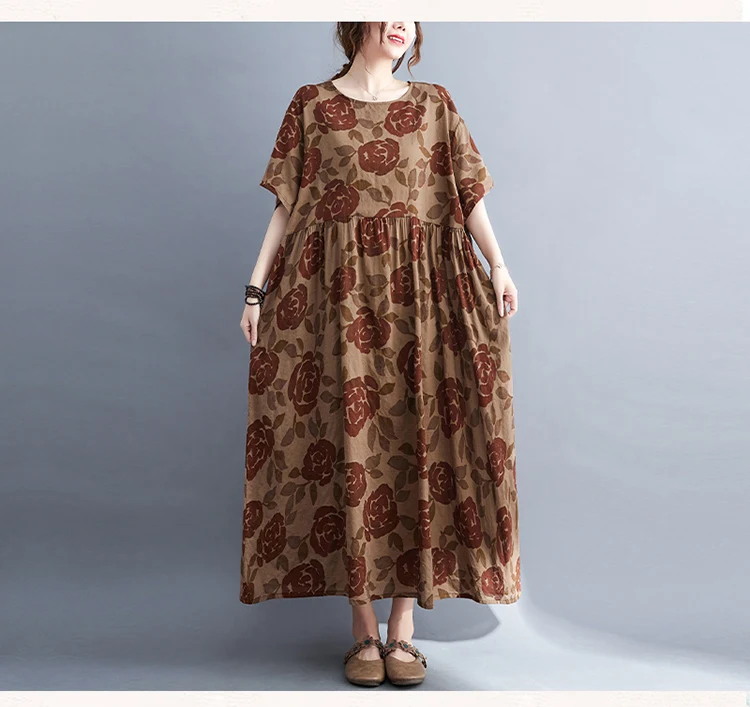 Plus Size Bohemian Print Maxi Long Dress for Women Floral Casual Cotton Linen Loose Vintage Vestidos Para Mujer Robe Dresses