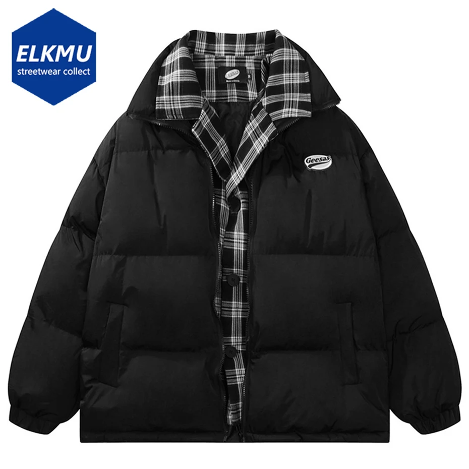 

Men Winter Padded Jacket Bubble Puffer Coat Black Parkas Streetwear Harajuku Hip Hop Fake Two Piece Plaid Splicing Jackets Coats