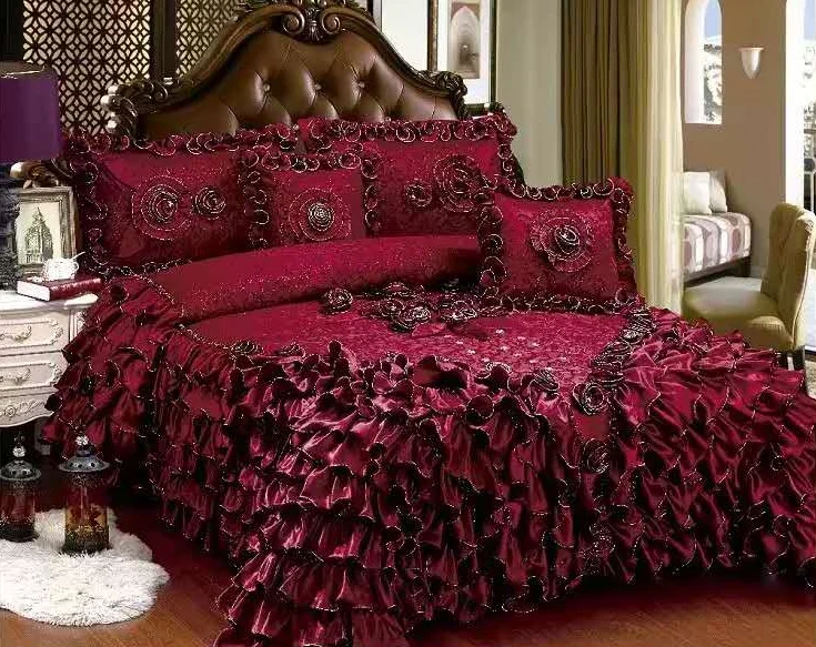 Luxury Champagne Wedding Style Jacquard Stereoscopic Lace Bedspread Bed skirt Bed Shett Coverlet Cover Set Pillowcases