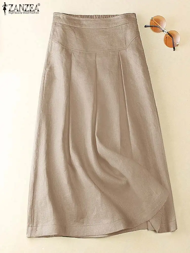 

Summer Women Long Skirts ZANZEA Vintage Solid Pleated Sundress Elastic Waist Loose Midi Skirt Causal Work OL Vestido Party Robe