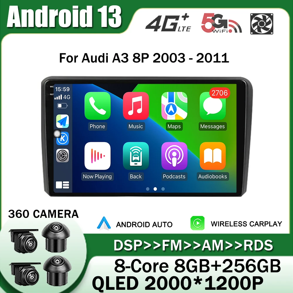 

Android 13 for Audi A3 8P 2003 - 2011 RS3 Sportback Car Multimedia Video Player GPS Navigation Radio Stereo Auto WIFI