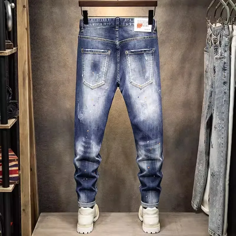 Streetwear Fashion Men Jeans Retro Blue Stretch Skinny Fit Painted Ripped Jeans Men Patched Designer Hip Hop Vintage Denim Pants
