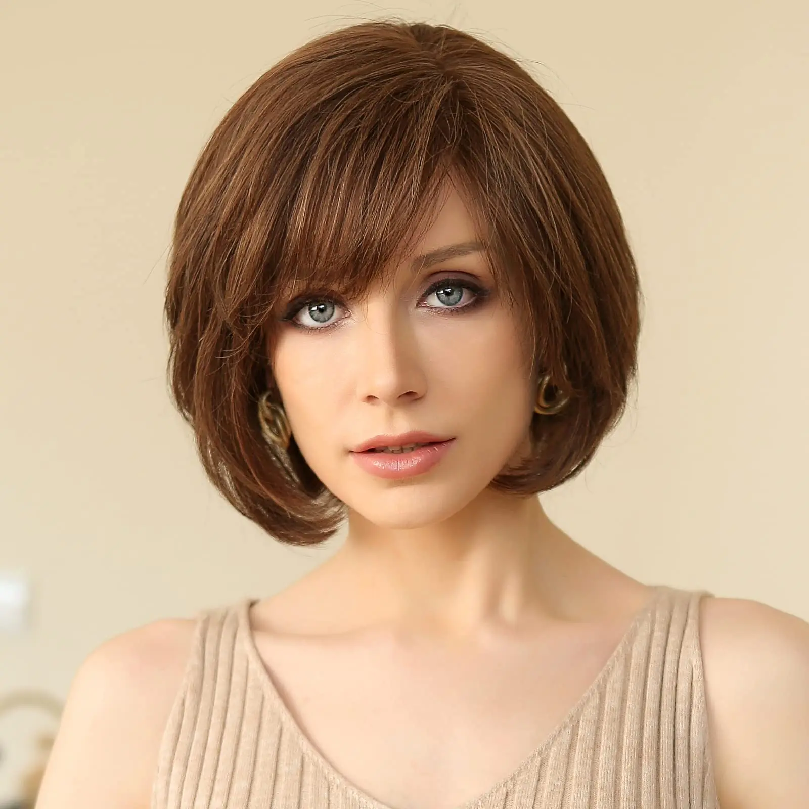 Short Straight Lace Front Human Hair Wigs with Bangs for White Women Bob Natural Wavy Layered Wigs Remy Human Hairs