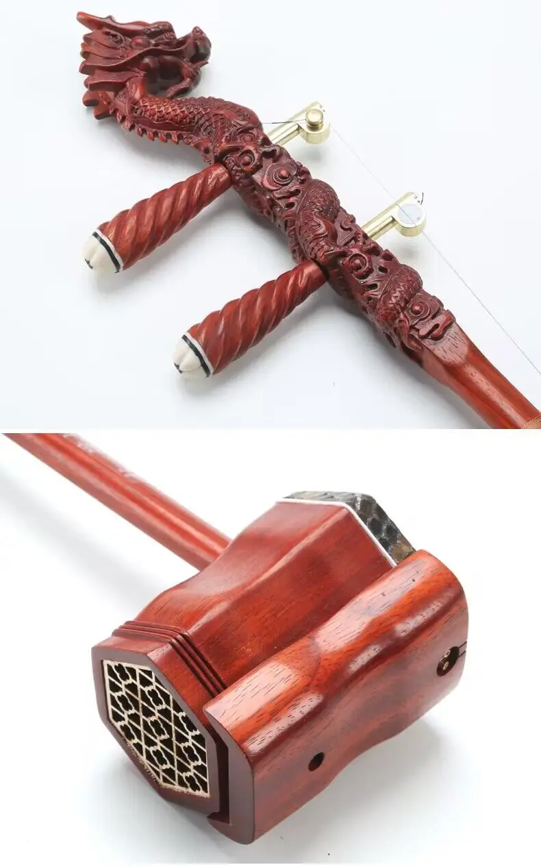 Professional Snake Skin Erhu Dragon Head Handmade Chinese Traditional 2 Strings Folk Musical Instruments for Beginners Erhu