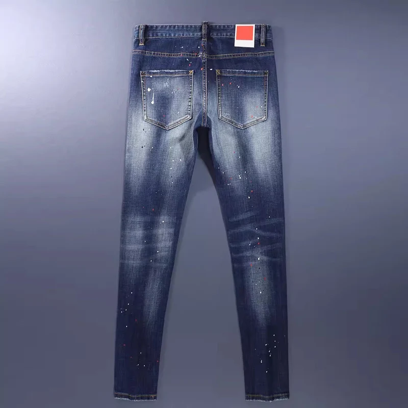 Streetwear Fashion Men Jeans High Quality Retro Blue Skinny Fit Painted Ripped Jeans Men Vintage Designer Brand Pants Hombre