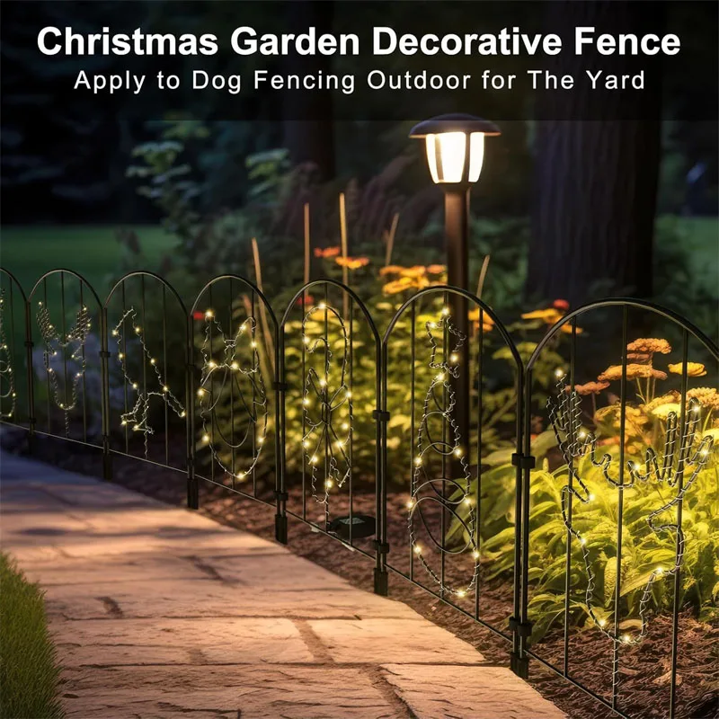 10-Pack No-Dig Garden Fencing Animal Barrier with Solar LED Lights, Decorative Dog Digging Fence for Outdoor Use, Christmas Patt