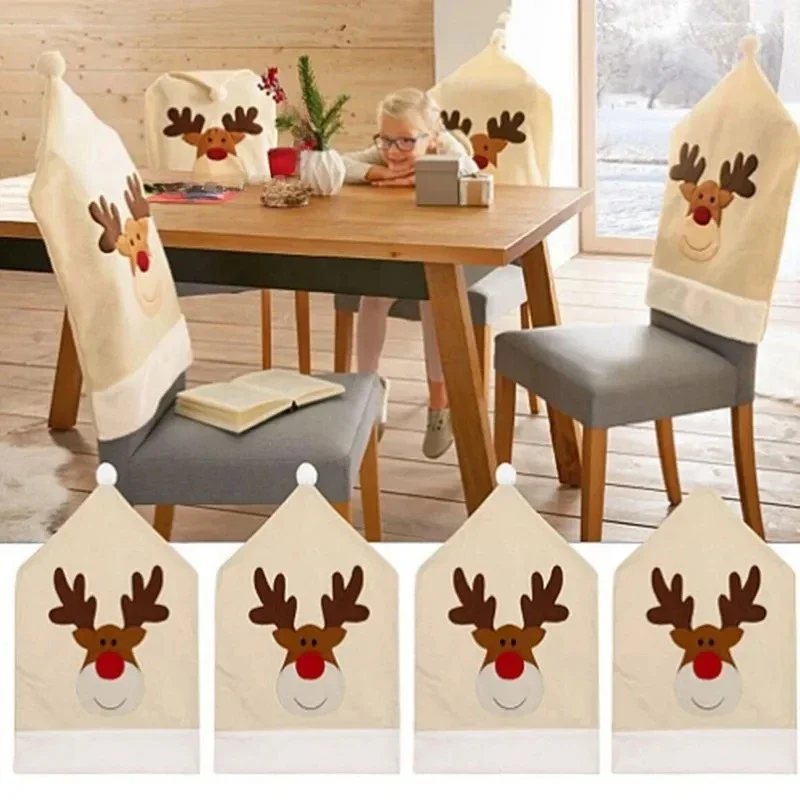 

Christmas Deer Christmas Chair Cover Embroid Elk Xmas Chair Cover Christmas Dinner Table Decoration Party Hat Chair Back Covers