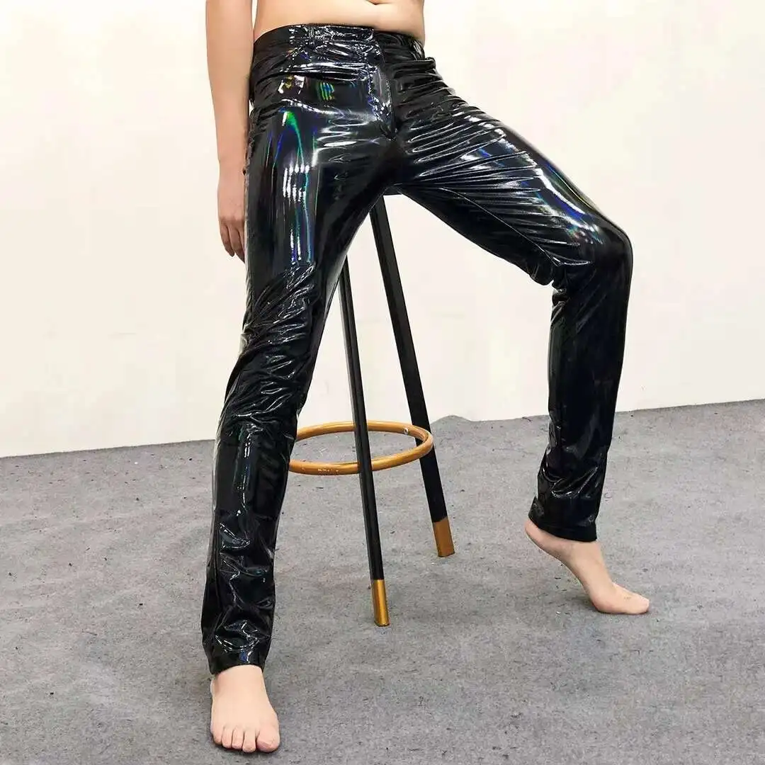 New Colorful Mirror Tight Elastic Leather Pant Men Large Nightclub Versatile Performance Clothes Soft Patent Leather Smooth Sexy