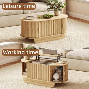 Lift Top Coffee Table with StorageOval Wood Coffee Table with Sliding Doors Hidden Compartment Fluted Center Table for Home Liv 6