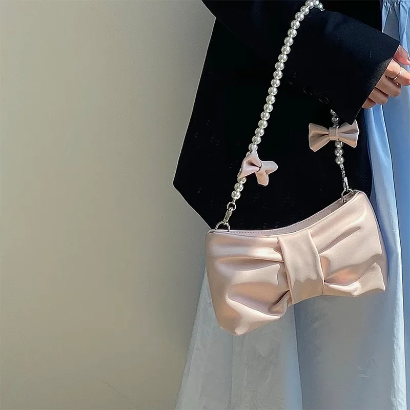 Women Shoulder Bags NEW Korean Style Sweet Girl Pearl Bowknot Underarm Little Fresh Fairy Bag Fashionable Crossbody All-match
