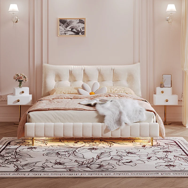 

Suspension Double Bed Cream Style Bedroom Modern Simple Small Apartment Technology Flannel Internet Celebrity Fabric Bed