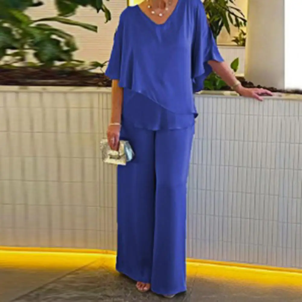 Mother Spring Suit Elegant Women's V Neck Bat Sleeve Top Wide Leg Pants Set Breathable Summer Spring Mother T-shirt Trousers