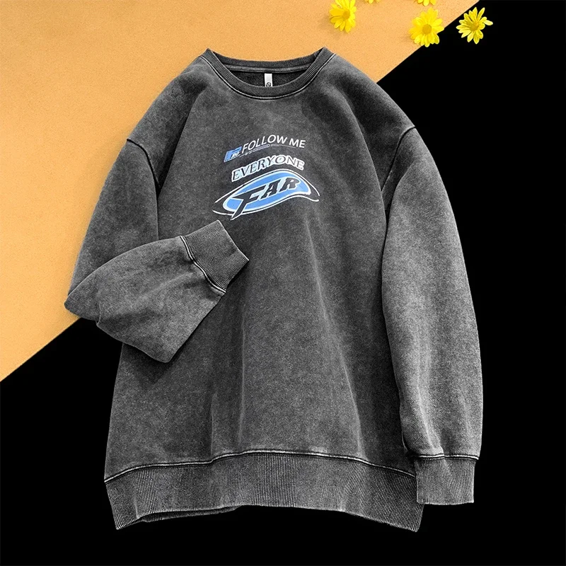 2024 Spring Retro Washed Old Sweatshirts For Men Hip-hop Graphic Printed Round Neck Tops Y2k Unisex Sweatshirt
