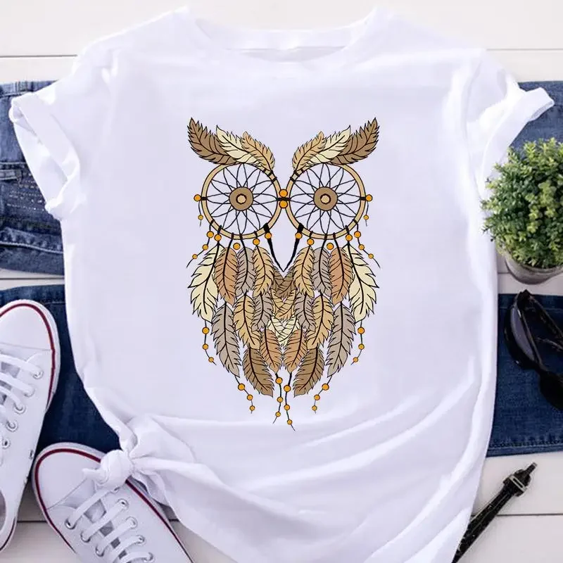 

Женская футболка с рисунком Совы и животных, летняя модная одежда с коротким рукавом, топы для отпуска, женская футболка с графическим рисунком, 2022