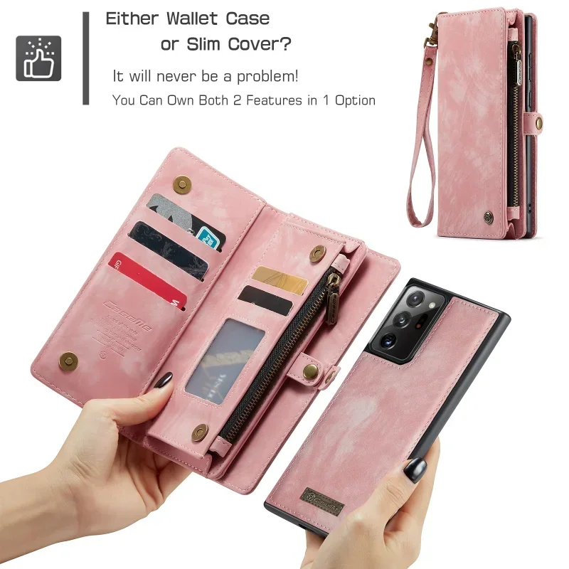 Magnetic Closure Leather Wallet Case for Samsung Note 10 Plus Note 20 Ultra Flip Cover Card Slots Zipper Pocket with Hand Strap