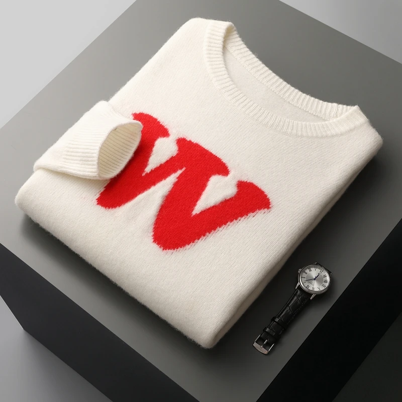 Autumn And Winter New 100% Pure Wool Round Neck Pullover Letter Jacquard Double Thick Knitted Cashmere Bottoming Sweater