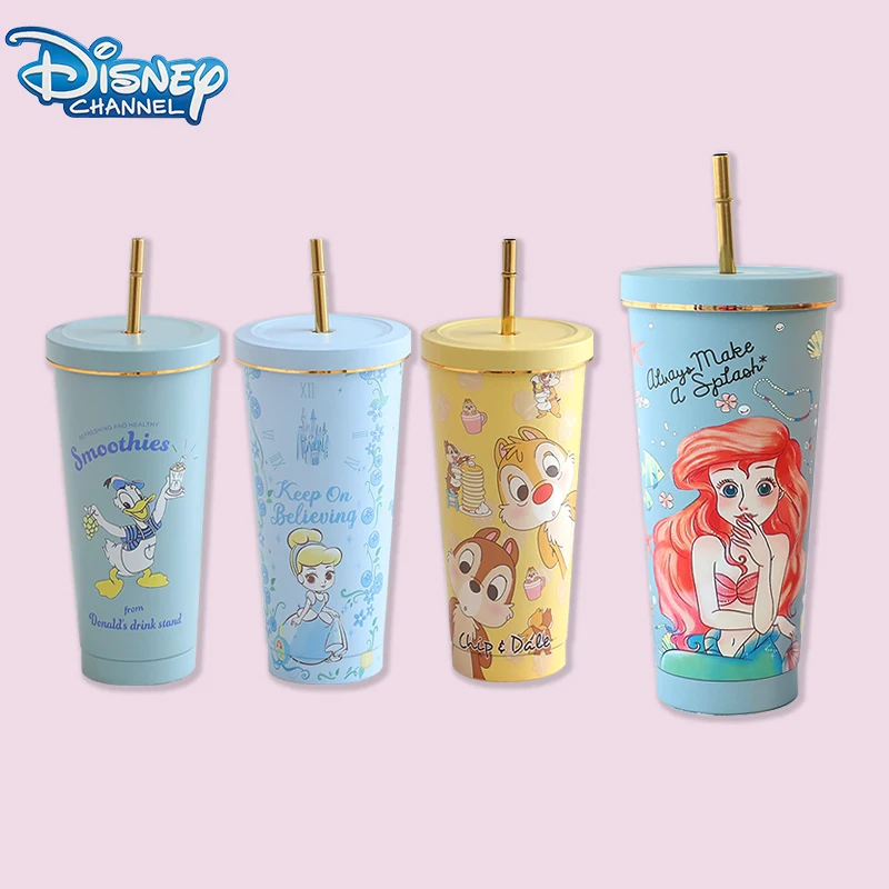 

Disney Cinderella Stainless Steel 750ML Water Cup With Straw Cute Arie Double Layer Sippy Cup Donald Duck Water Cup Chip Dale