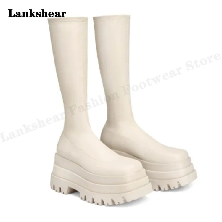 Spring and Autumn Powder Cake Thick Bottom Boots High -Heeled Boots Thin Patent Leather Skinny Leather Thin Boots Women's Shoes