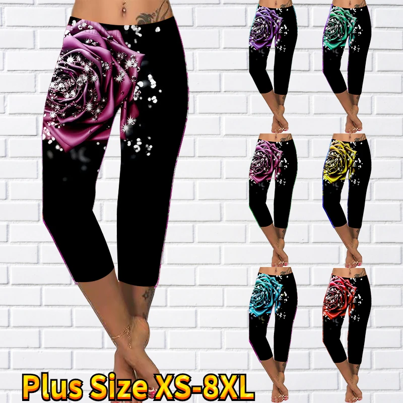 Spring Autumn Women'S Fashion Rose Print Cropped Pants Yoga Pants Fitness Pants Pencil Sports Pants  Xs-8Xl/3D Printing