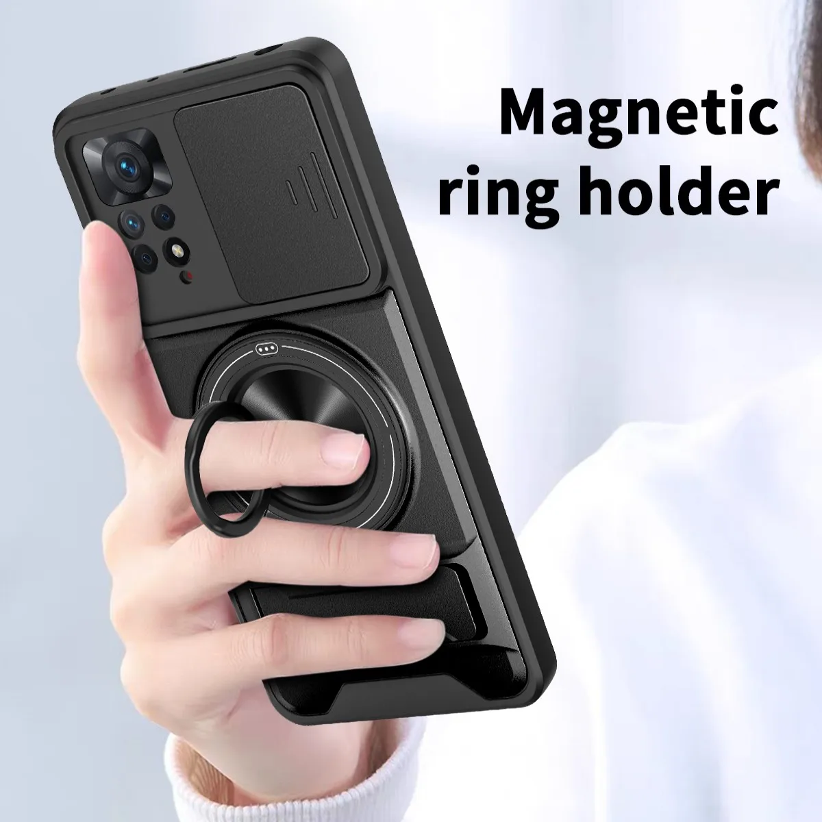 Armor Shockproof Phone Case with Sliding Camera Cap and Built-in Magnet Ring Kickstand