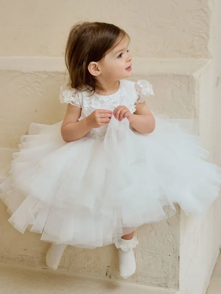 

Белые детские платья, платья для девочек с цветами, Тюлевое Пышное Платье с коротким рукавом и цветочным принтом, платье для свадьбы, дня рождения, первого причастия