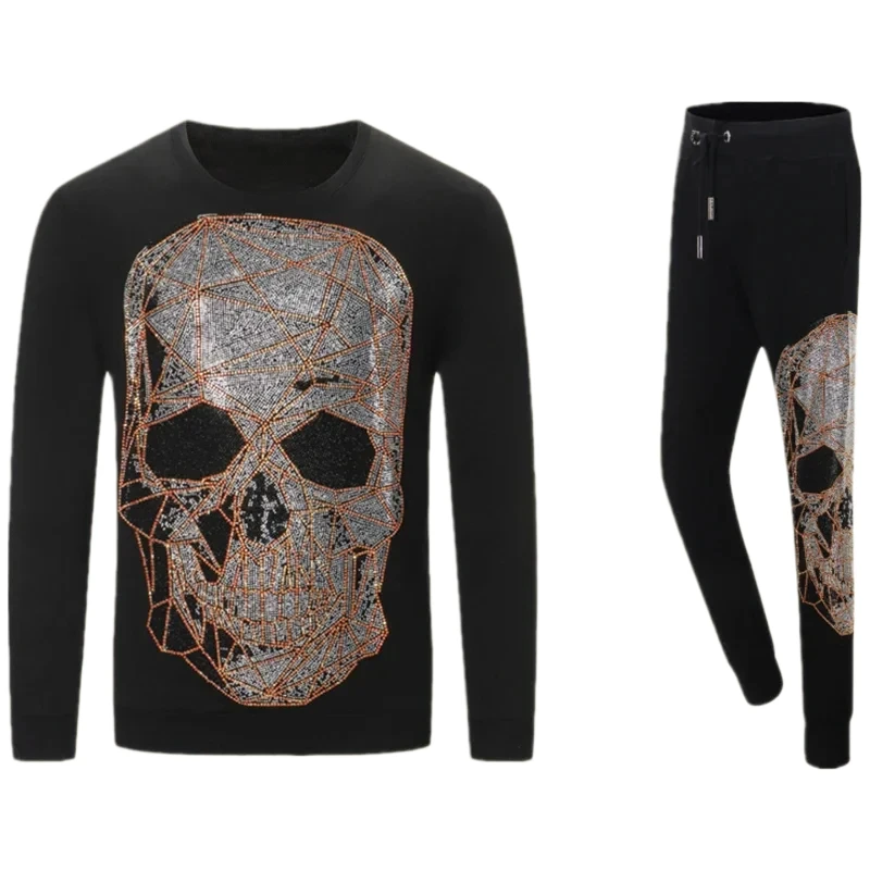

2024 Men's Hoodie Set Branded Skull Two Piece High Quality Pattern Zipper Rhinestone Cardigan Pants Two Piece Set