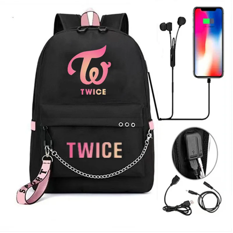 

Kpop TWICE Backpack ONCE USB Charging Shoulders Bag School Bag NAYEON Yoo JungYeon Momo Sana Ji Hyo Mina DaHyun Chae Young Tzuyu