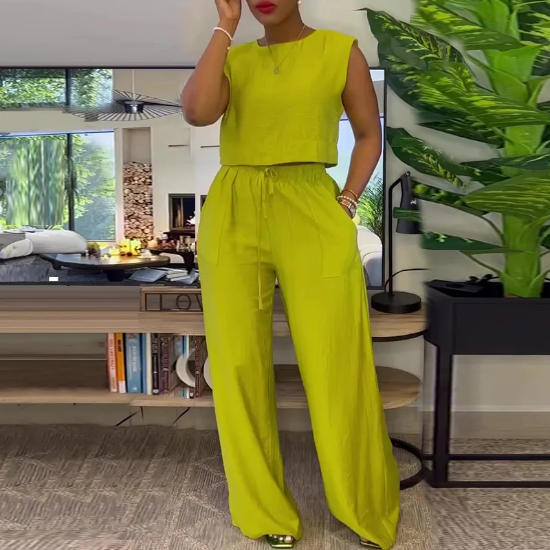 

Zoctuo Summer Vacation Trousers Outfits For Women Clothes Fashion Sleeveless Loose Blouse Top Pocket Front Green Wide Leg Pants