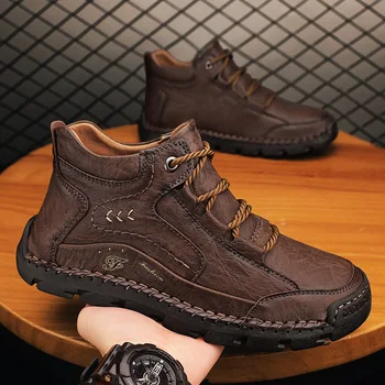 Handmade Cotton Lined Casual High Top Men's Boots Warm Comfortable Leather Shoes for Autumn And Winter Fashionable And Practical