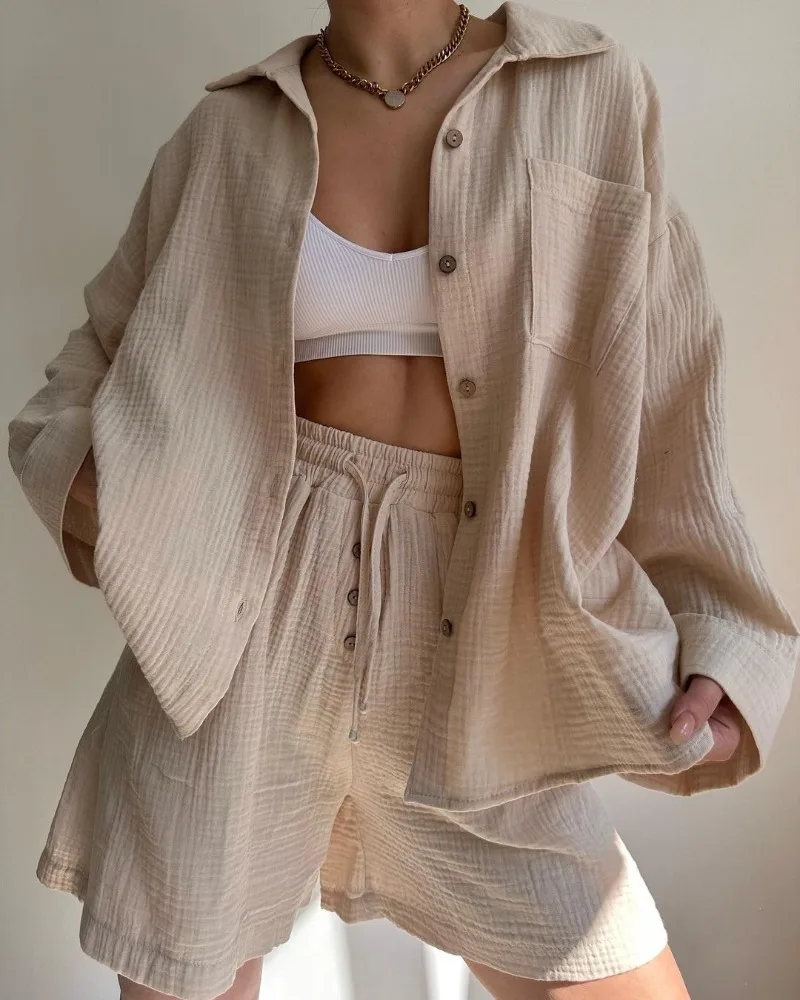 

Пижама женская из муслина, хлопковая рубашка с длинным рукавом и отложным воротником, на пуговицах и шорты, комплект одежды для сна