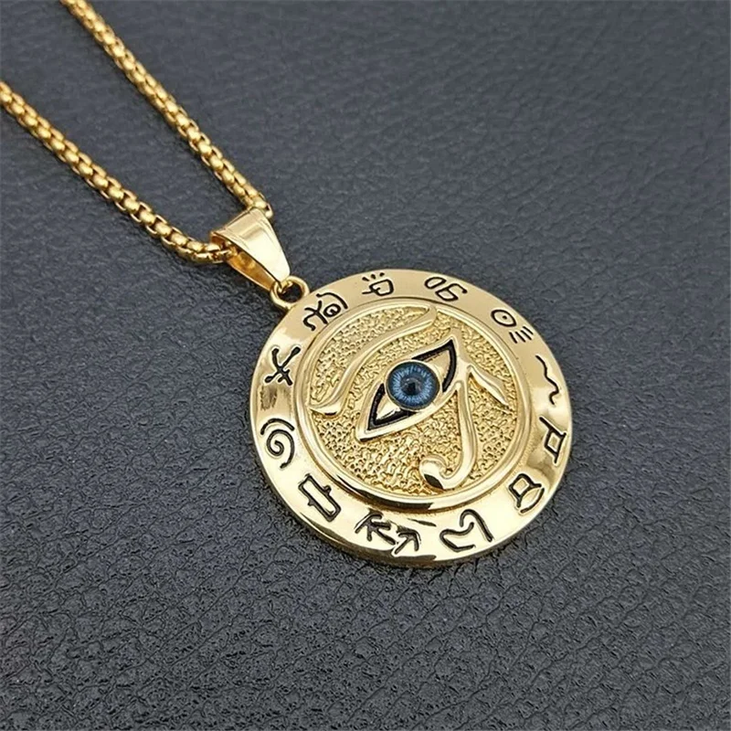 Eye of Horus Muslim Rune Pattern Round Pendant Necklace Men's Necklace Sliding Pendant Metal Necklace Amulet Accessory Jewelry - Image 2