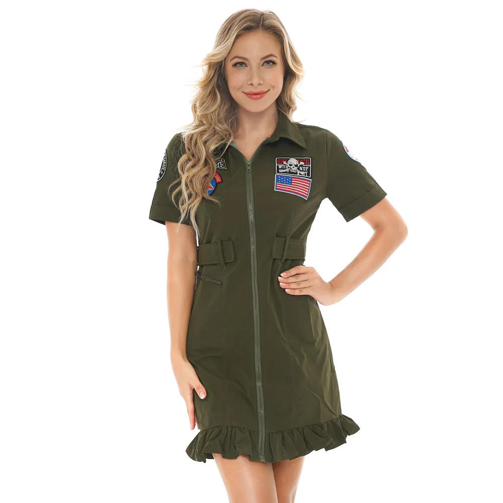 Donne American Airforce Pilot Uniform Army Green Military Flight Pilot Costume Halloween Sexy Adult Women Fancy Dress