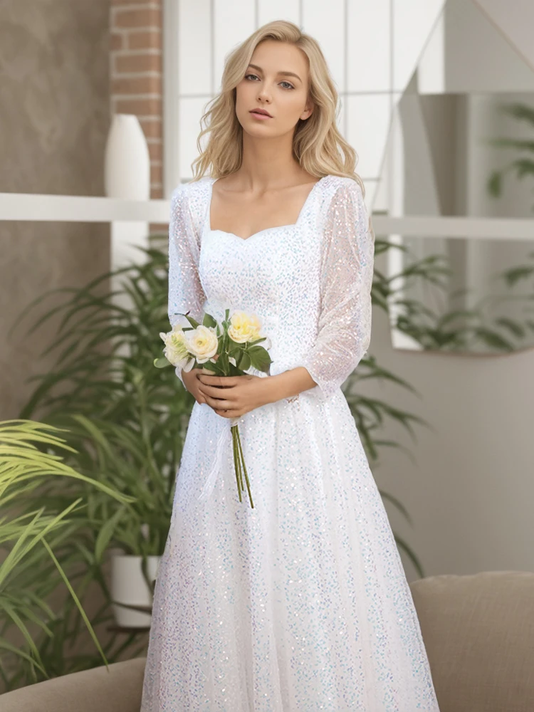 

White Evening Dresses With Sleeves Elegant Sweetheart Shiny Sequin Floor-Length A-Line Women Birthday Party Dresses Long